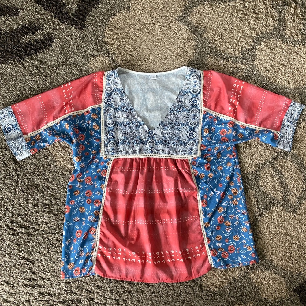 Red and Blue Patchwork Blouse with Short Sleeves